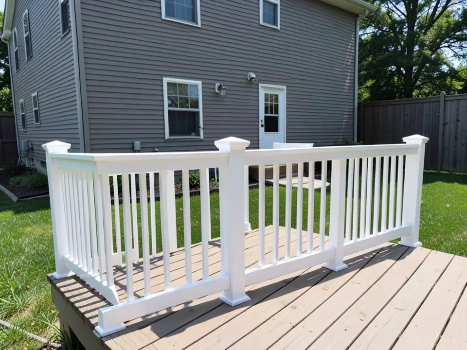 AI-generated example: a wooden deck at the back of a grey two-story house with a white painted railing with square capped posts and many thin white vertical balusters, a white door and a window on the wall, a green lawn and a wooden fence on the right
