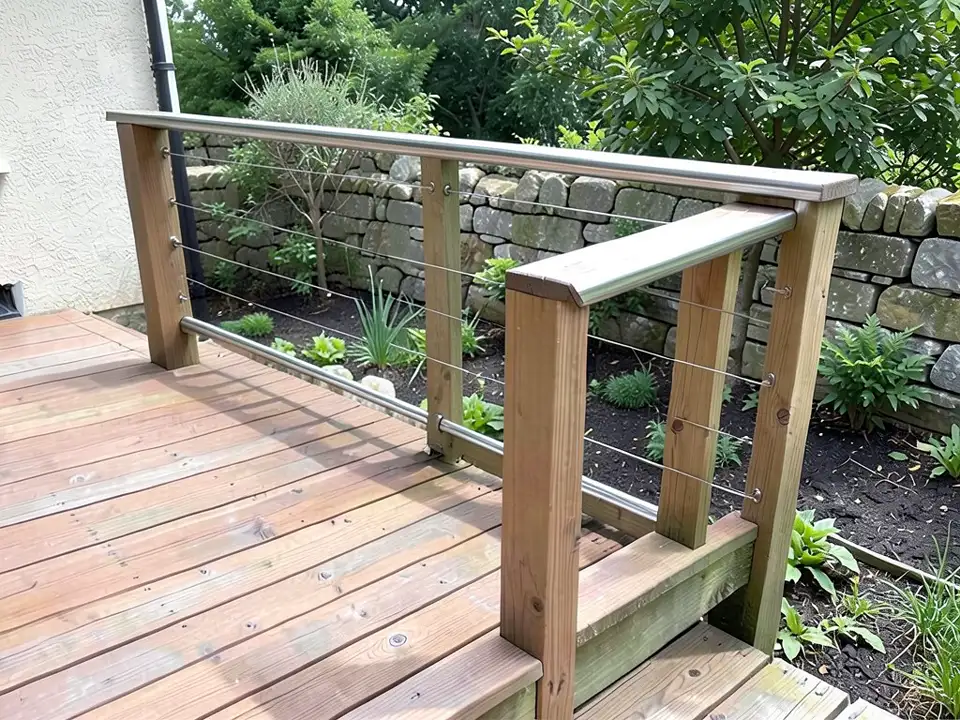 AI-edited version of the same image: the same deck and garden with thin horizontal stainless cables between the wooden posts, a brushed metal top rail and a metal rail along the lower left edge, with the garden and stone wall unchanged behind