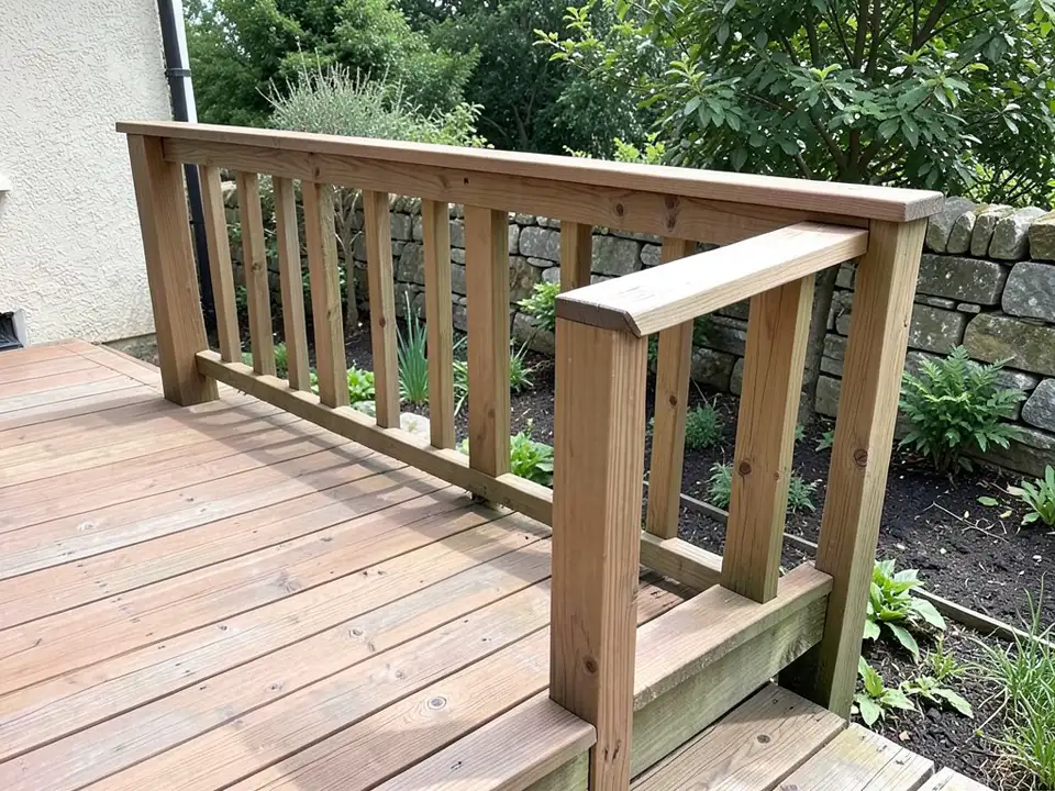 AI-generated example: a low wooden deck with a plain wooden railing of thick square posts, vertical slats and a flat top rail, a garden bed of dark mulch and plants beside it, a dry stone wall behind and a render wall with a drainpipe at the left