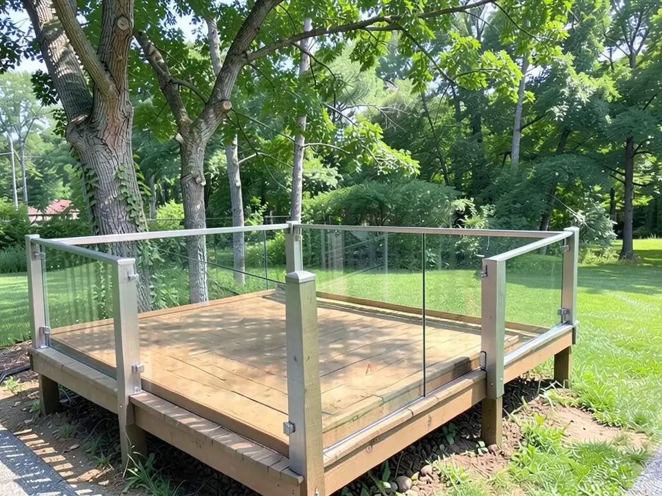 AI-edited version of the same image: the same deck and trees with the wooden slats replaced by clear glass panels between thick silver-grey posts with small metal brackets and a slim metal top rail, and the deck boards drawn lighter than before