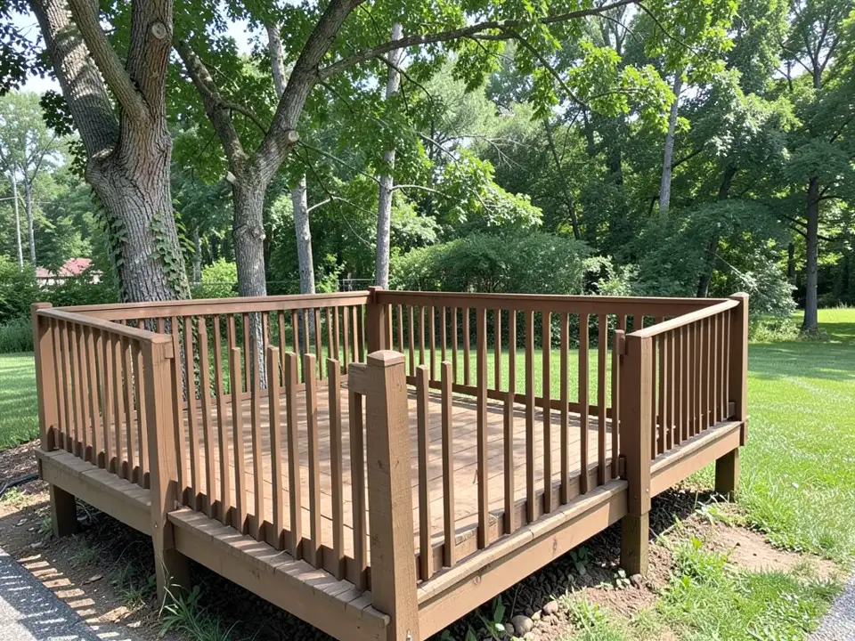 AI-generated example: a raised brown wooden deck with a wooden railing of thick posts and many vertical slats on all sides, mature leafy trees behind it, a mown lawn and a gravel bed at the foot of the deck