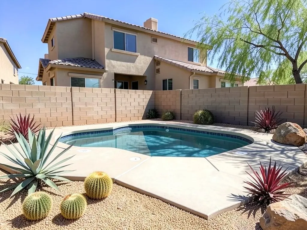 AI-edited version of the same image: tan crushed gravel over the dirt, low agaves, golden barrel cactus and red yucca beside the deck, a desert willow tree in the back corner and a few boulders