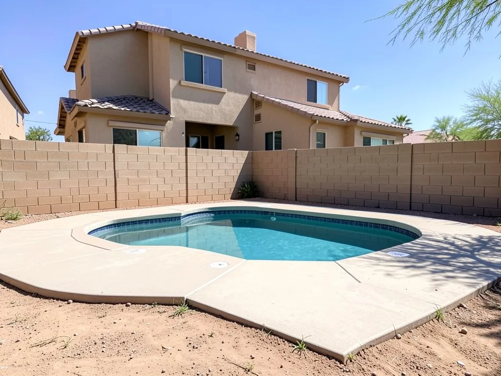 AI-generated example: a kidney-shaped pool with a light concrete deck, bare dirt around the deck, a tan concrete block wall and a two-story tan stucco house with a tile roof behind it