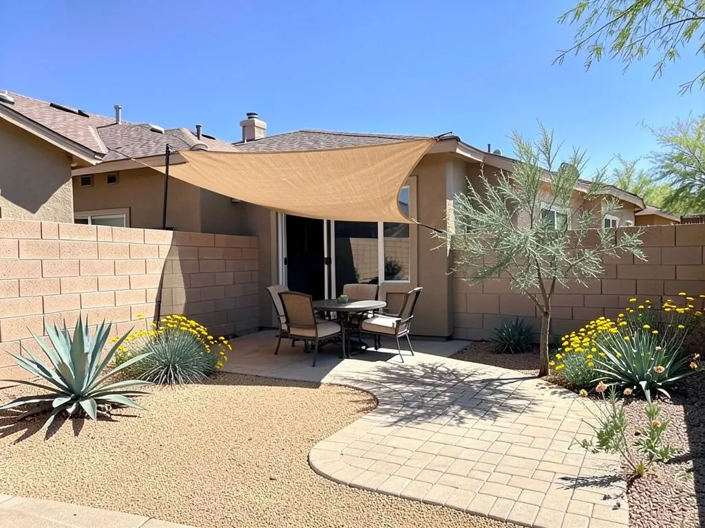AI-edited version of the same image: tan decomposed granite in place of the lawn, a larger patio of light tan pavers, a tan fabric shade sail over a table and chairs, a palo verde tree, agaves and yellow desert marigold along the block wall