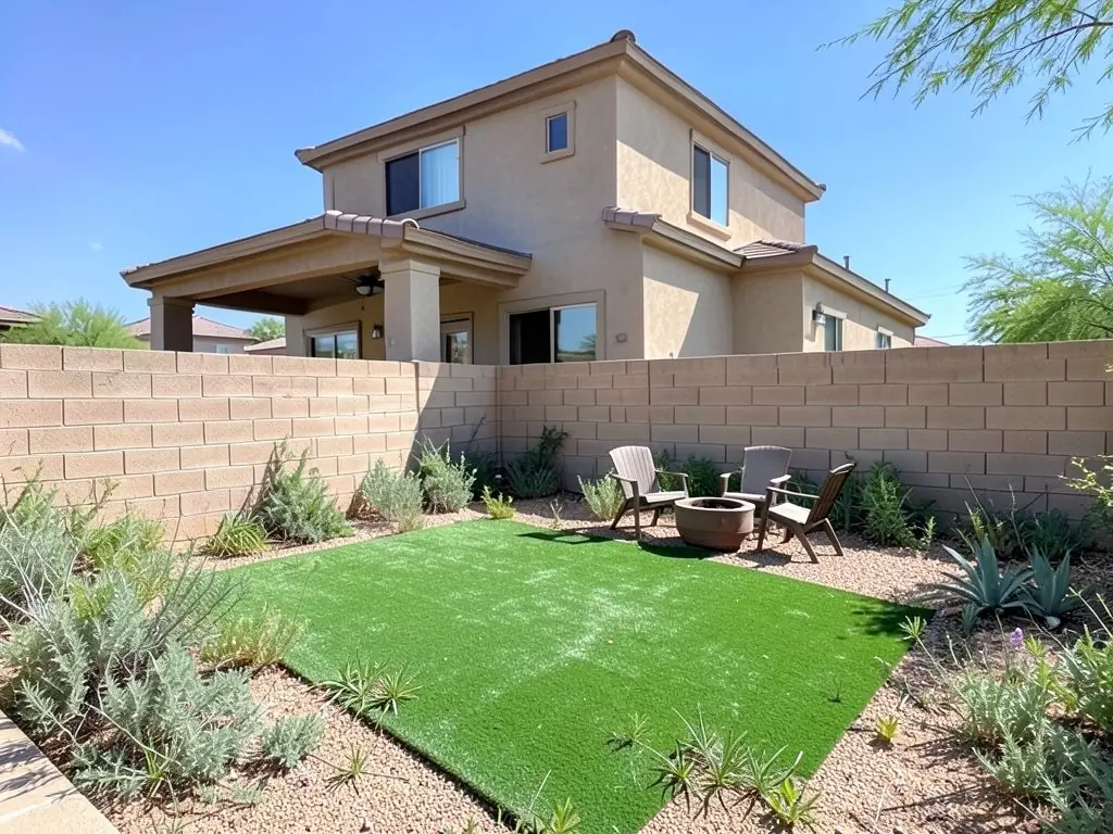 AI-edited version of the same image: a rectangle of artificial turf in the middle of the yard, a round fire pit with three chairs on gravel at the far end, and grey-green shrubs and an agave along the block wall