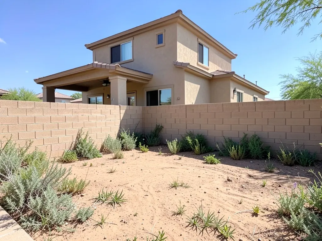 AI-generated example: a yard of bare dirt with a few grey-green desert shrubs along a tan concrete block wall, in front of a two-story tan stucco house with a covered back patio