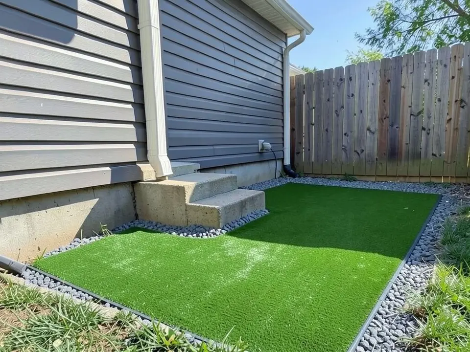 AI-edited version of the same image: the dirt replaced by a rectangle of bright green turf bordered by grey gravel and a dark edge strip, with the same step, house wall and fence