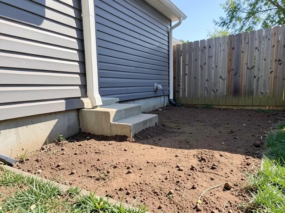 AI-generated example: bare brown dirt in a corner beside a concrete back step of a grey house with a wooden fence behind it, some grass at the edges, in bright sun