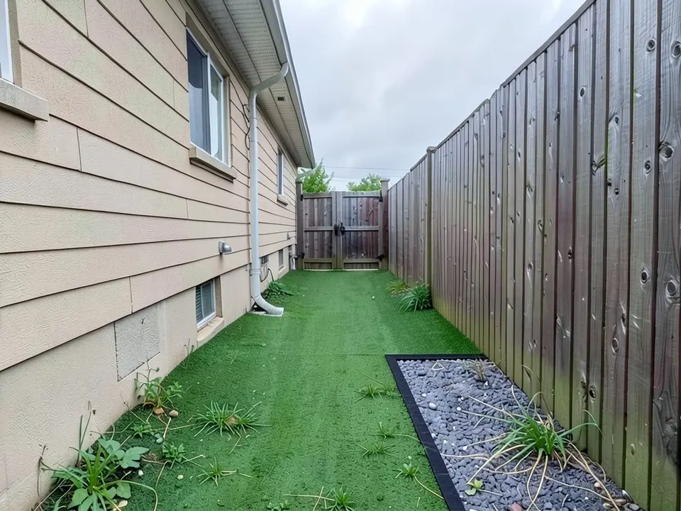 AI-edited version of the same image: the same narrow side yard with green turf covering most of the ground from the house wall toward the gate and a rectangle of dark grey gravel with black edging along the fence in the lower right
