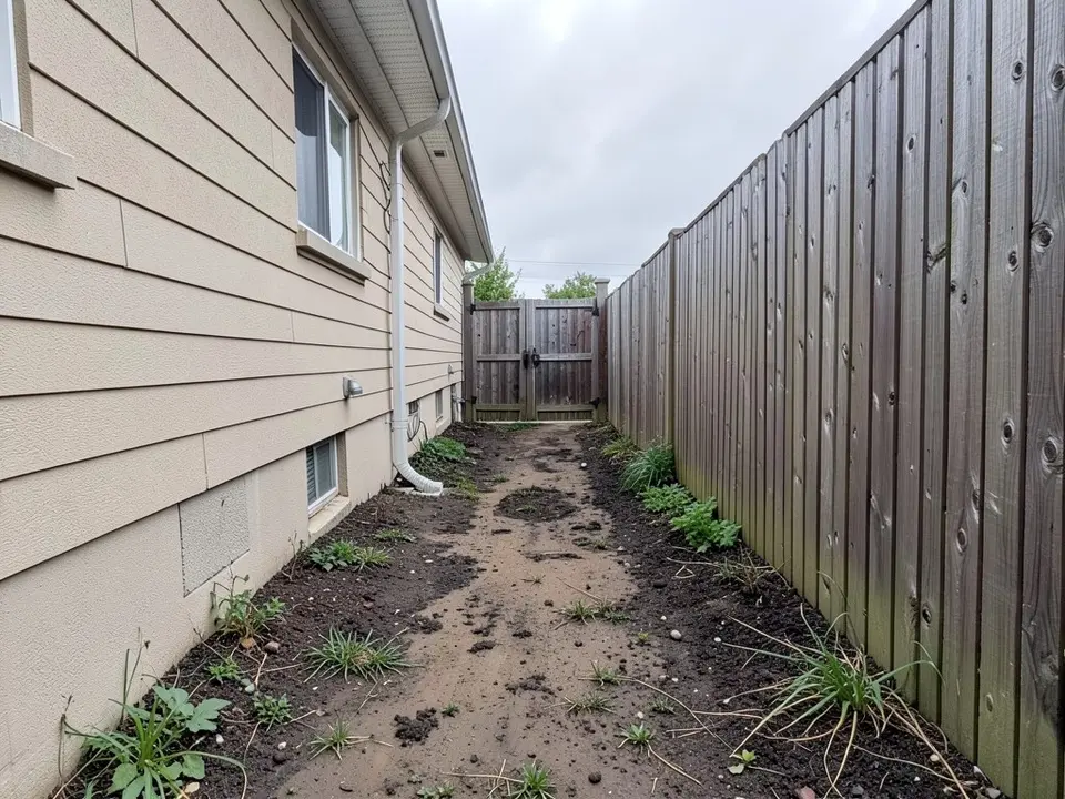 AI-generated example: a narrow side yard between the beige wall of a house on the left and a tall wooden fence on the right, with bare dirt, mud and weeds on the ground and a wooden gate at the far end under an overcast sky