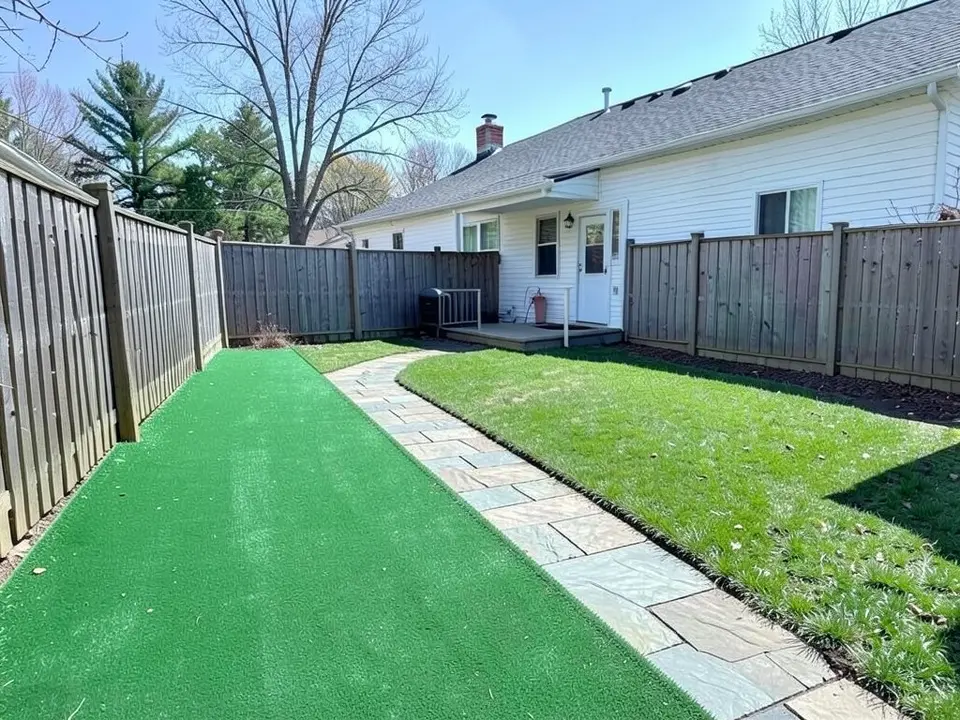 AI-edited version of the same image: a wide band of bright green turf along the left fence with a flagstone path beside it, and the lawn on the right still grass without the dirt tracks
