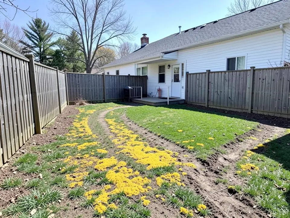 AI-generated example: a backyard with a white single-story house at the back, a wooden fence along the left, a worn dirt track and patches of yellow along the fence side in the foreground and a green lawn on the right