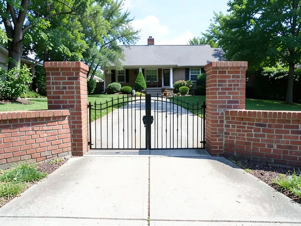 AI-edited version of the same image: a black double swing gate with vertical bars, spear tops and top rails curving up to the center, hinged on the two brick pillars, with the driveway and house visible through the bars