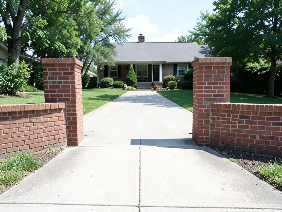 AI-generated example: two square red brick pillars with low brick walls on each side, an open gap between them, a concrete driveway leading to a house, trees and a band of shadow across the drive at the pillars