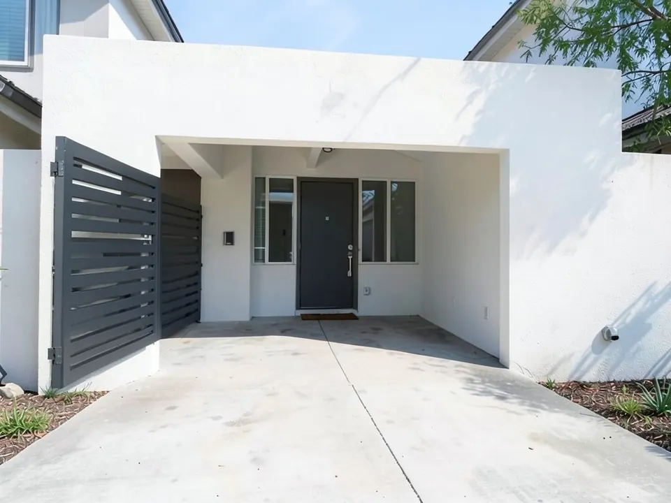 AI-edited version of the same image: a dark grey horizontal-slat panel hinged on the front of the left wall and standing open, slats also covering the former dark panel inside the opening, and the opening itself still open