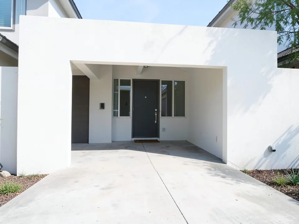 AI-generated example: a white stucco front wall with a wide covered opening leading to a dark front door with side windows, a dark grey panel inside the opening on the left, a concrete drive and mulch beds