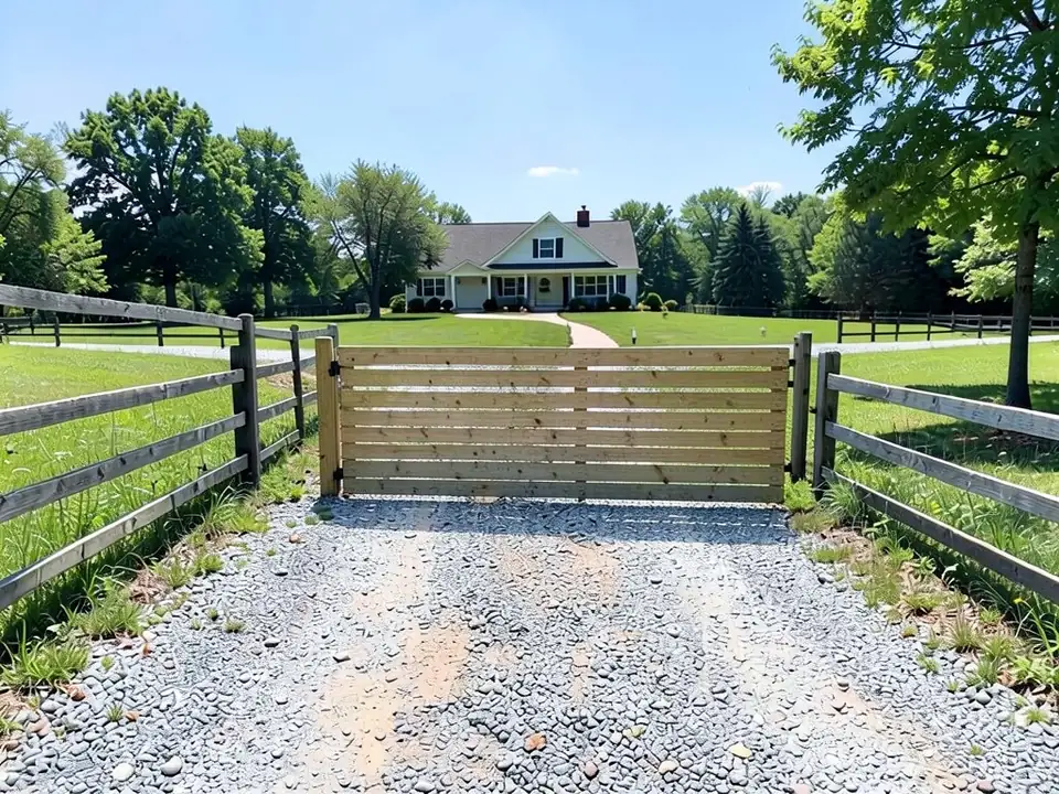 AI-edited version of the same image: a closed gate of horizontal natural wood slats across the gravel drive, hung on a new pale wooden post on the left with black hinges, with the farmhouse beyond