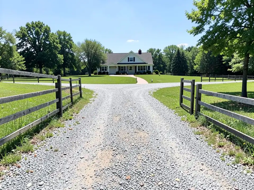 AI-generated example: a gravel drive passing between the ends of a dark wooden post-and-rail fence, a short two-post fence section on the right, a farmhouse in the distance and trees
