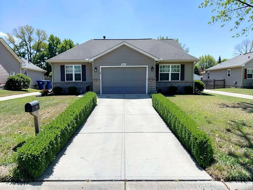 AI-edited version of the same image: a clipped green hedge running along both sides of the driveway from the garage to the street, with the mailbox just outside the left hedge