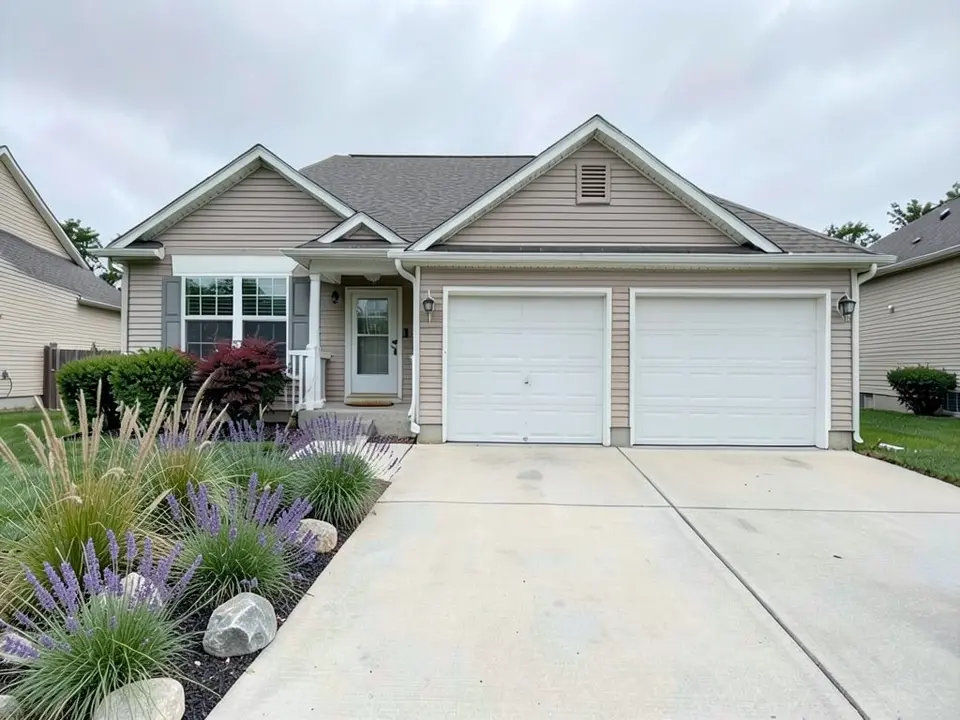 AI-edited version of the same image: the lawn strip on the left of the driveway replaced by a bed of tall ornamental grasses, purple lavender and grey boulders on dark mulch, with the house, garage doors and driveway as before