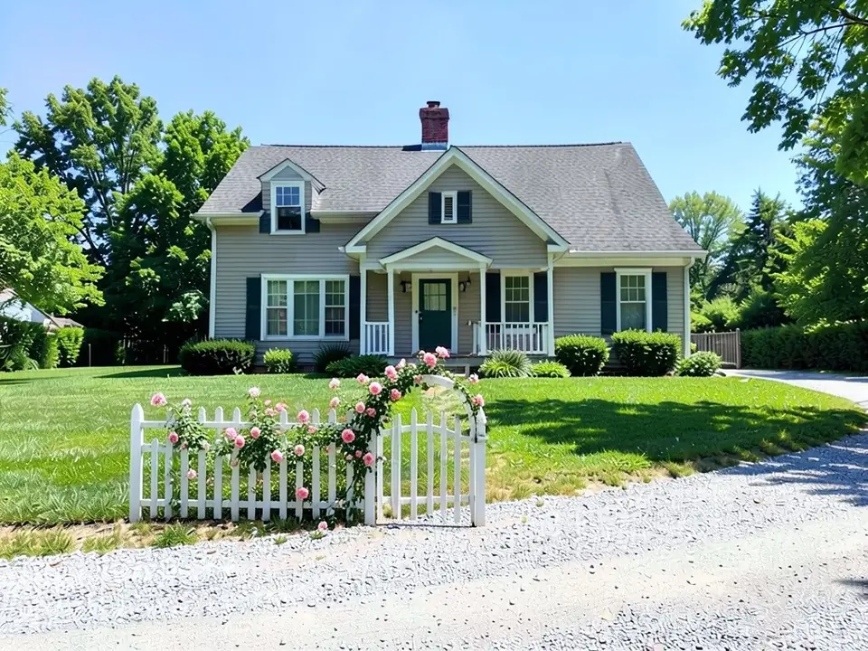 AI-edited version of the same image: a short white picket fence along the front edge of the lawn with a white gate under a thin curved arch at its right end, and pink climbing roses running over the arch and along the fence