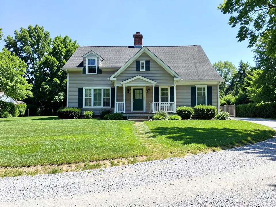 AI-generated example: a grey-sided one-and-a-half-story farmhouse with dark green shutters and door, a small porch with white railings, shrubs along the front, a green lawn with a worn track to the door and a gravel road in the foreground, with no fence