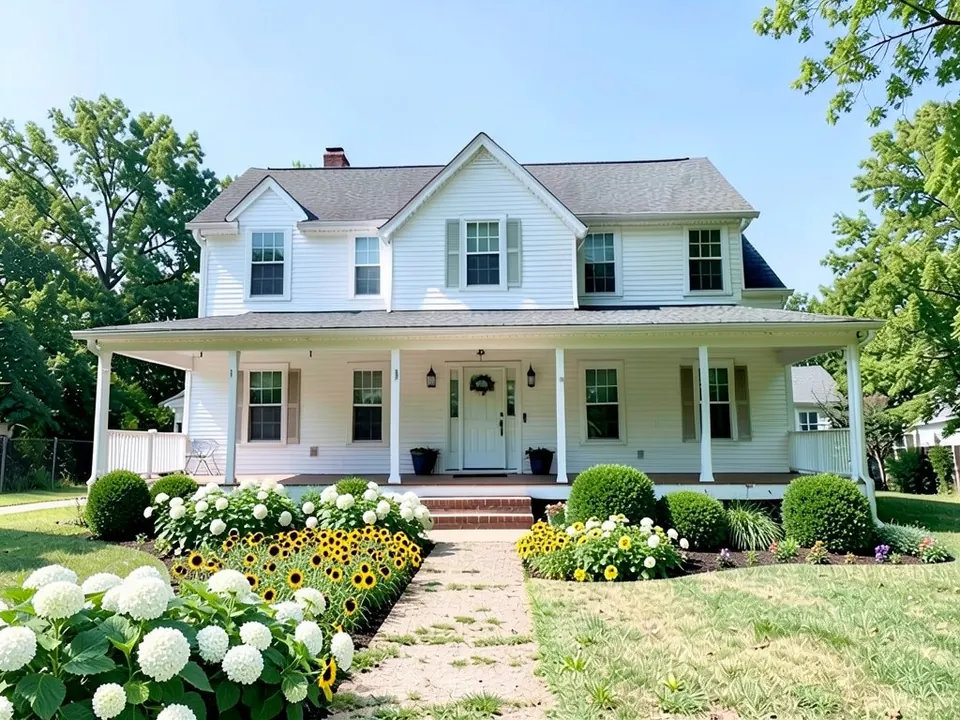 AI-edited version of the same image: round boxwood shrubs, white hydrangeas and yellow black-eyed susans in beds along both sides of the porch front, with the left bed running forward along the dirt path to large white hydrangea heads in the foreground