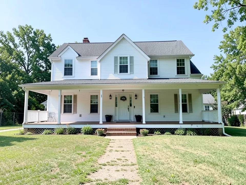 AI-generated example: a white two-story farmhouse with a wide front porch on white columns, a wreath on the front door, two black planters on the porch, white lattice under the porch, a few small plants along the lattice, a worn dirt path to the brick steps and a patchy lawn