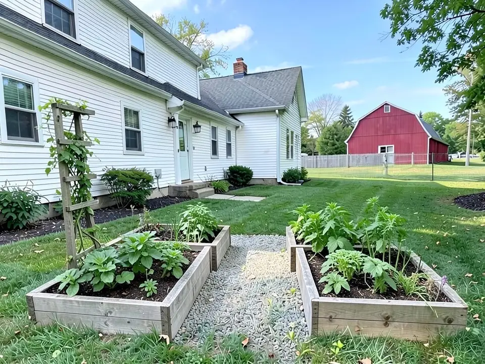 AI-edited version of the same image: wooden raised beds of leafy vegetable plants on both sides of a grey gravel path in the lawn, and a flat wooden ladder-like trellis with a climbing vine standing at the left near the house