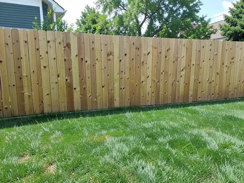 AI-generated example: a tall plain cedar privacy fence along the back of a backyard, with green lawn running right up to its base and no plants
