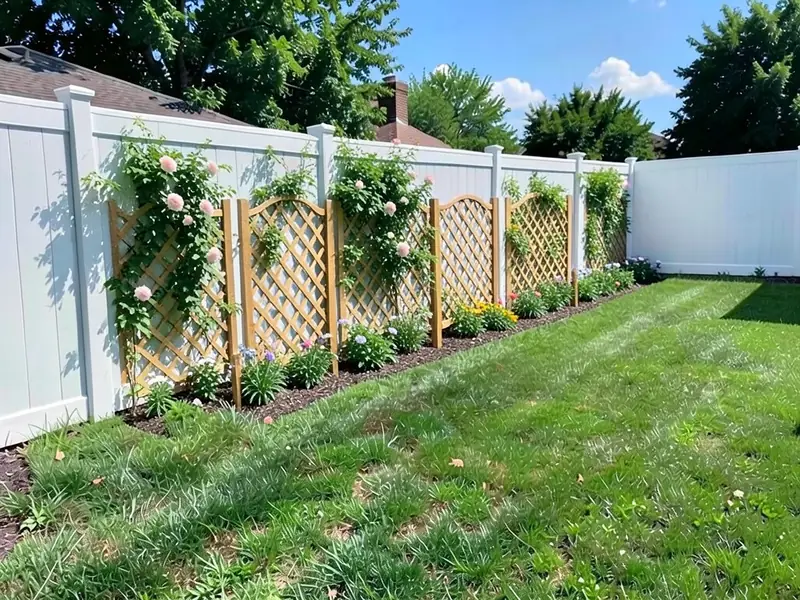 AI-edited version of the same image: four freestanding wooden lattice trellis panels in front of the white fence with climbing roses on them and a narrow mulched bed of low flowers along the fence