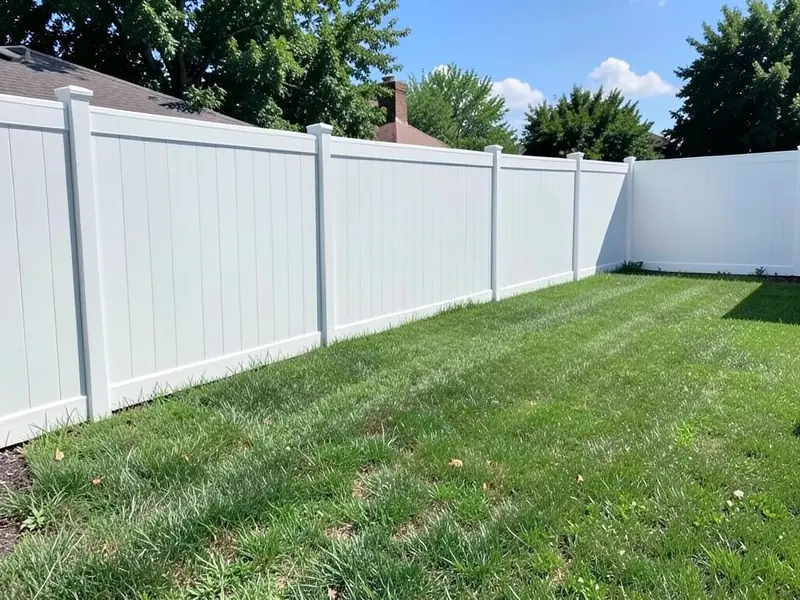 AI-generated example: a white vinyl privacy fence along a backyard, with plain lawn running up to it
