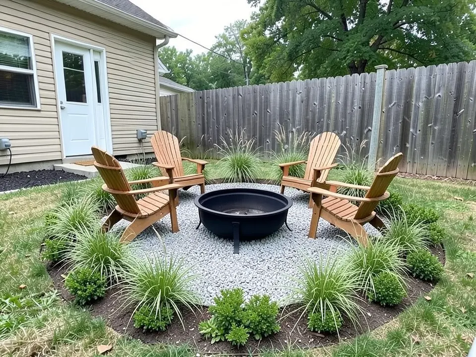 AI-edited version of the same image: a circle of light grey gravel around the black fire bowl, four wooden Adirondack chairs on the gravel around it, and a ring of tall ornamental grasses and low green shrubs on dark soil around the edge of the circle, with the fence, house and trees as before