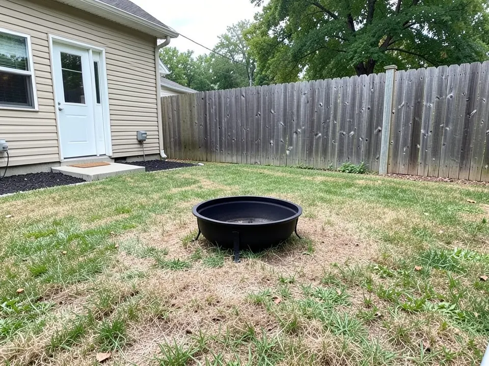 AI-generated example: a patchy mown lawn with dry brown patches and a plain round black steel fire bowl standing on it, a tall grey wooden fence behind, a beige-sided house on the left with a white back door on a concrete step with a doormat, a wall box and a strip of black mulch, and large trees beyond the fence, in daylight