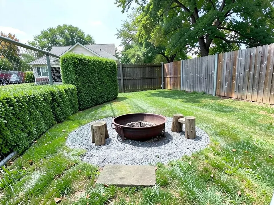 AI-edited version of the same image: a mottled grey gravel circle around the rusty fire bowl, a tall clipped green hedge along the chain-link fence on the left and across the back left in front of the neighbor's house, three log stumps beside the bowl with two of them joined by a board, one large flat stone slab in front, and the wooden fence on the right as before