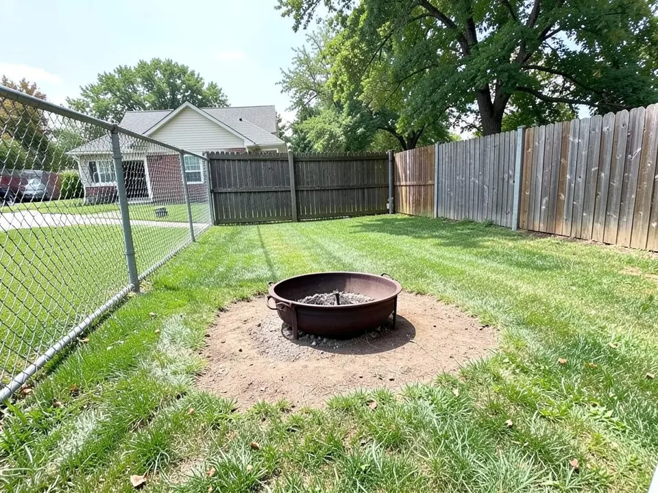 AI-generated example: a round rusty steel fire bowl on a round patch of bare dirt in the corner of a mown lawn, a chain-link fence on the left with a neighbor's house, driveway and a parked car beyond it, a grey wooden fence along the back and right, and tall trees, in bright daylight
