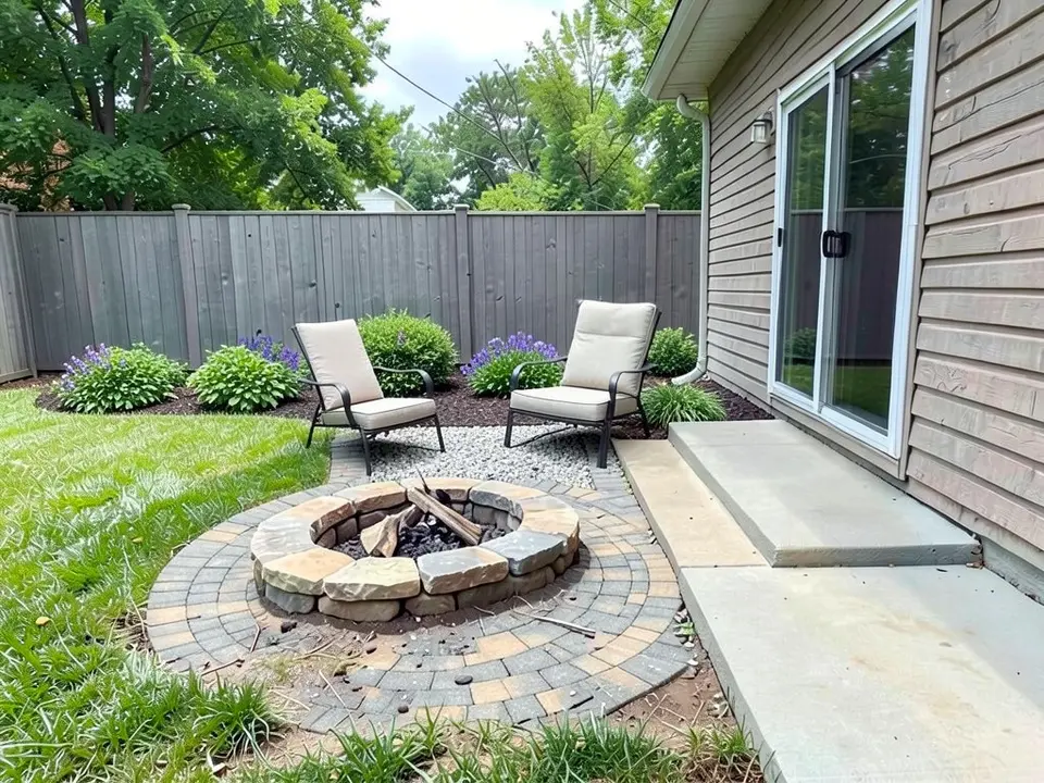AI-edited version of the same image: rings of grey and tan pavers laid around the stone fire pit, a short strip of gravel behind it between two outdoor lounge chairs with beige cushions, flower beds of green shrubs and purple flowers on dark mulch along the fence, and the house, sliding door, step and walkway as before