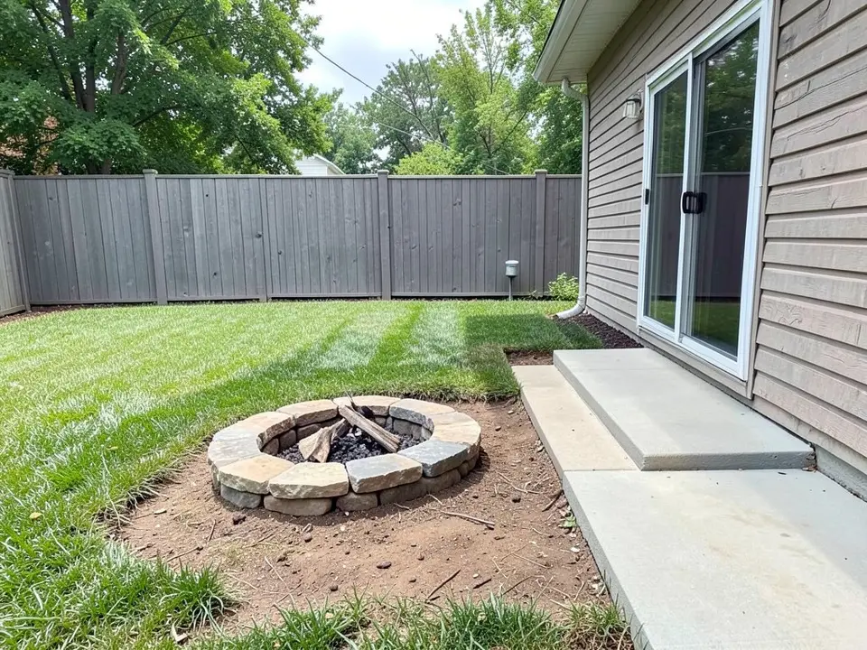 AI-generated example: a small round fire pit of stacked natural stone with logs and ash in it, on a patch of bare dirt at the edge of a mown striped lawn, a grey wooden fence behind, a grey-sided house on the right with a sliding glass door, a wall light and a downspout, a bare concrete step and a concrete walkway, and trees beyond the fence, in daylight