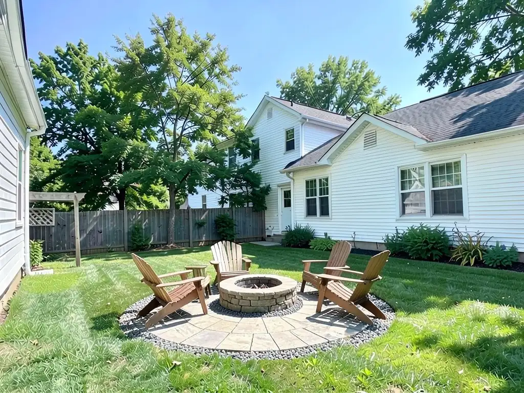 AI-edited version of the same image: a round patio of tan flagstones on the lawn with a round stone fire pit in the middle, four wooden Adirondack chairs, a small side table and a ring of grey gravel around the edge