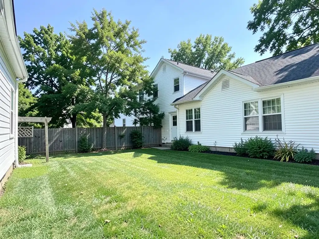 AI-generated example: a mown lawn beside a white sided farmhouse with shrubs along the wall, tall trees and a wooden fence at the back and a wooden post arbor on the left