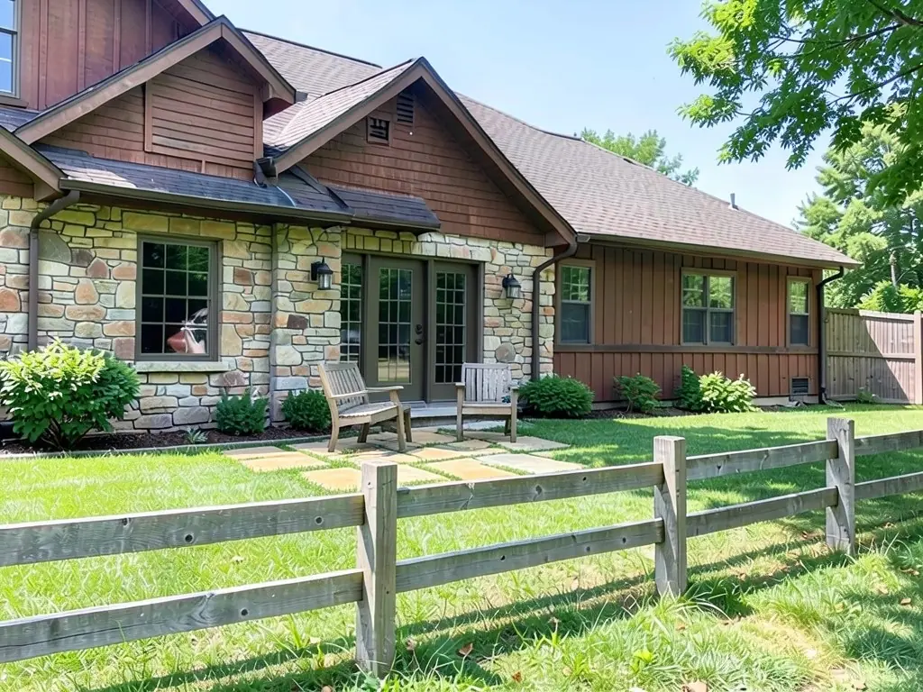 AI-edited version of the same image: a small patio of irregular tan and grey flagstones with grass joints in front of the French doors, with a wooden bench and one wooden chair, behind the split rail fence