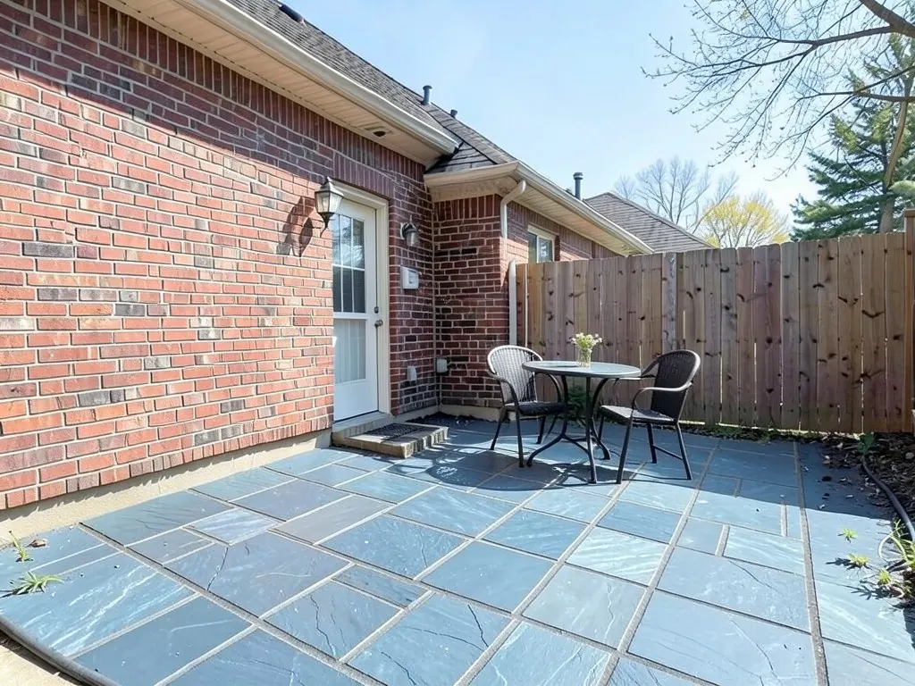 AI-edited version of the same image: blue-grey bluestone slabs with grey mortar joints covering the dirt, with a small round table, two dark wicker chairs and a vase of flowers