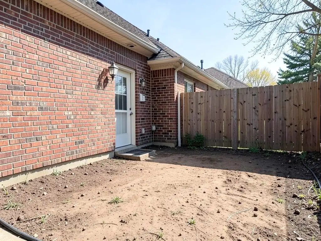 AI-generated example: a corner of bare dirt beside a red brick house with a white back door and a small step with a doormat, a wooden privacy fence and a black hose along the edge