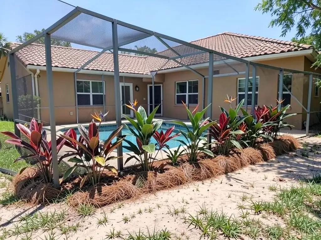 AI-edited version of the same image: a long bed of bird of paradise and red and green leafy tropical plants in clumps of pine straw along the front of the pool enclosure, with the frame of the enclosure still standing