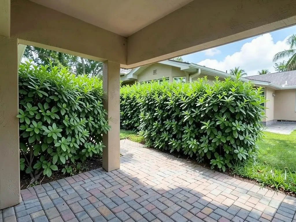 AI-edited version of the same image: dense green hedges where the chain link fence was, hiding the pink house and the lower part of the neighbor's beige house, with the lanai, its posts and the paver floor unchanged