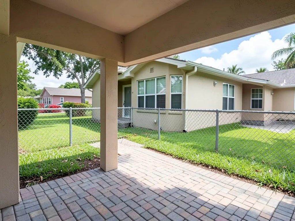 AI-generated example: the view from a covered lanai with a brick paver floor and stucco posts, out over a strip of lawn to a chain link fence, with the neighbor's beige house and a pink house beyond it