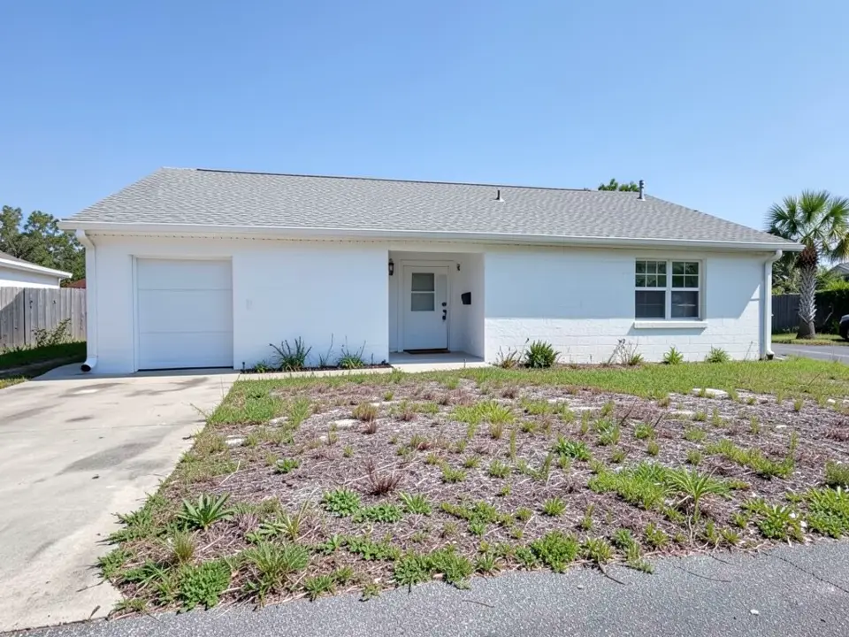 AI-generated example: a white painted concrete block house with a gray shingle roof, a single garage door on the left, a recessed front entry, a driveway on the left and a patchy, weedy lawn across the whole front yard