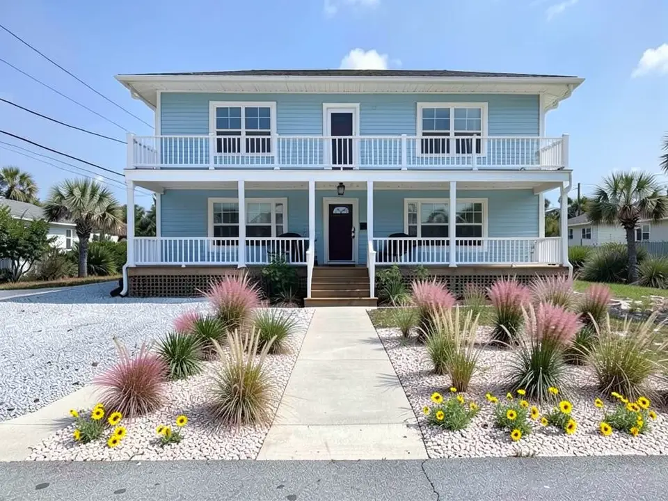 AI-edited version of the same image: both sandy lawn areas turned into beds of pale crushed shell with clumps of pink plumed grass, pale tan grasses, spiky green clumps and yellow daisy-like flowers on either side of the concrete walk