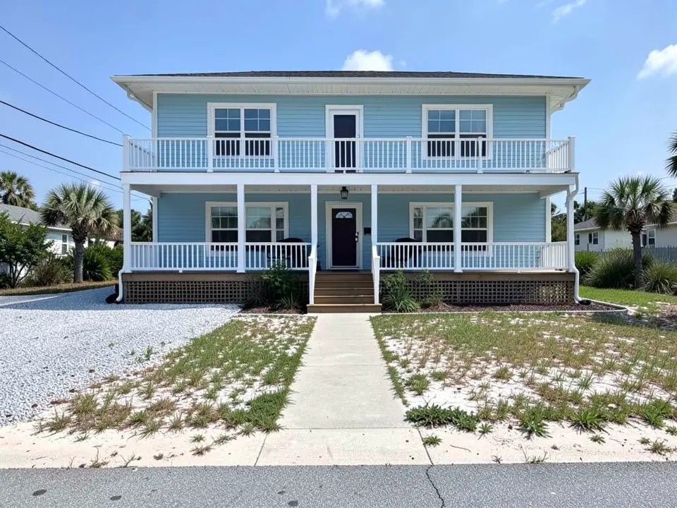 AI-generated example: a light blue two-story house with white railings on two stacked porches, wooden front stairs, a concrete front walk, thin sandy lawn on both sides, a white gravel parking pad on the left, palm trees and power lines