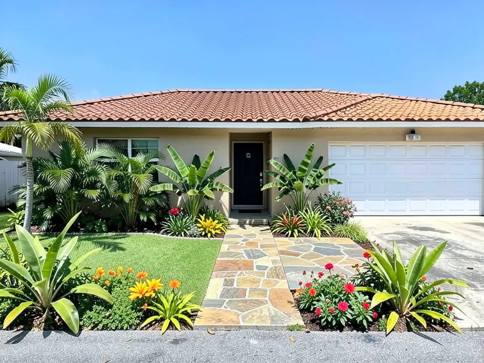 AI-edited version of the same image: palms, banana plants and large-leaf plants along the house, beds of red, pink, orange and yellow flowers, a green lawn on the left and a multicolored flagstone walk with a new stone area on its right
